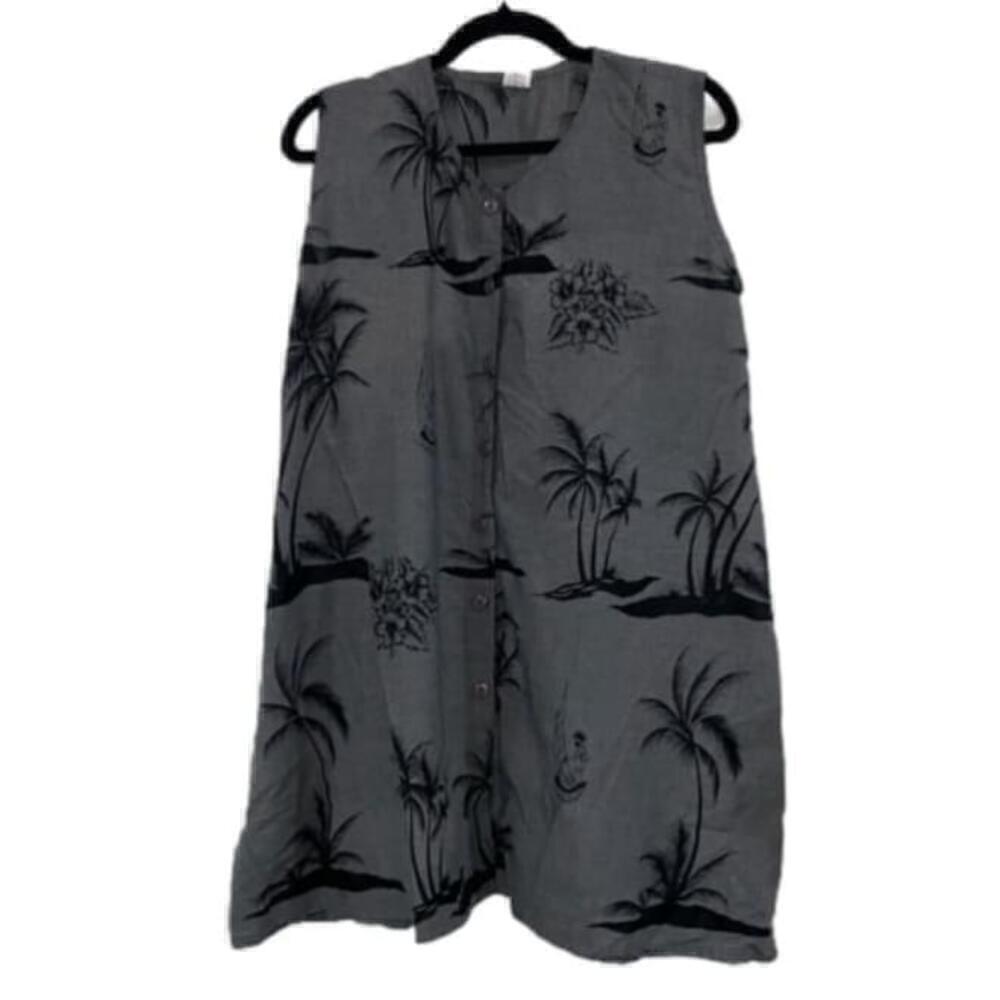 Womens Rima Beachwear Gray Tropical Button Up Tunic Top Cover Up Dress Size M